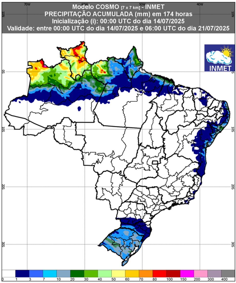Mapa mostra acumulado de chuva previsto até a próxima segunda-feira (21). — Foto: Inmet/Reprodução