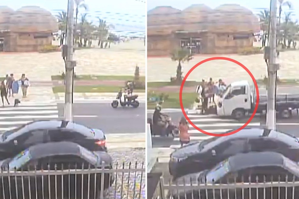 Adolescente é atropelado por caminhão ao parar para pedestres em Praia Grande, SP — Foto: Reprodução
