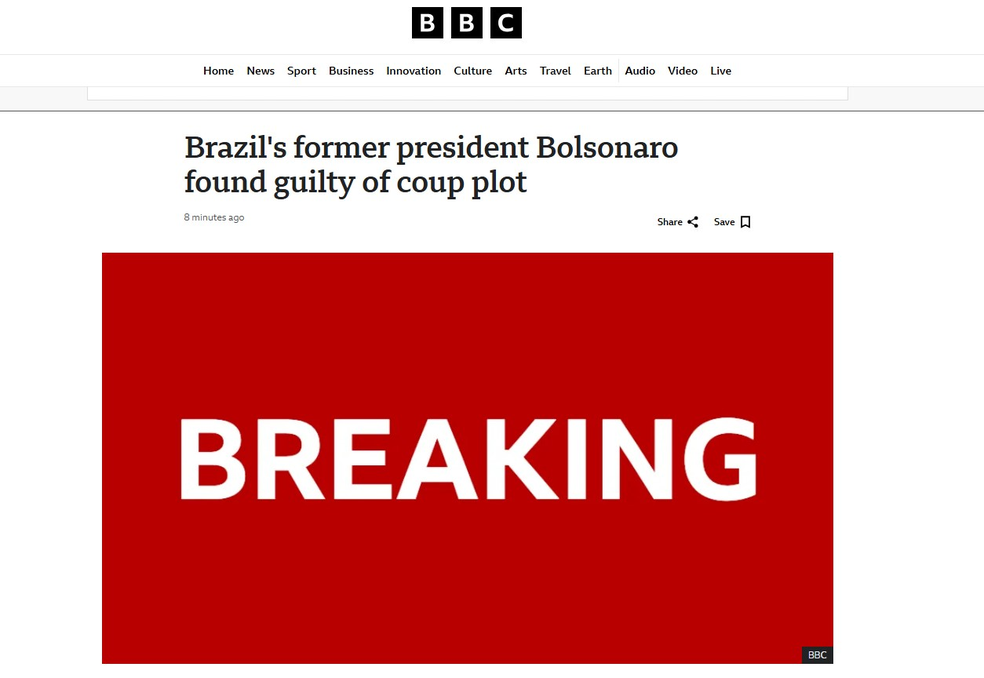 BBC repercute a formação de maioria no STF para condenação de Bolsonaro. — Foto: Reprodução/BBC