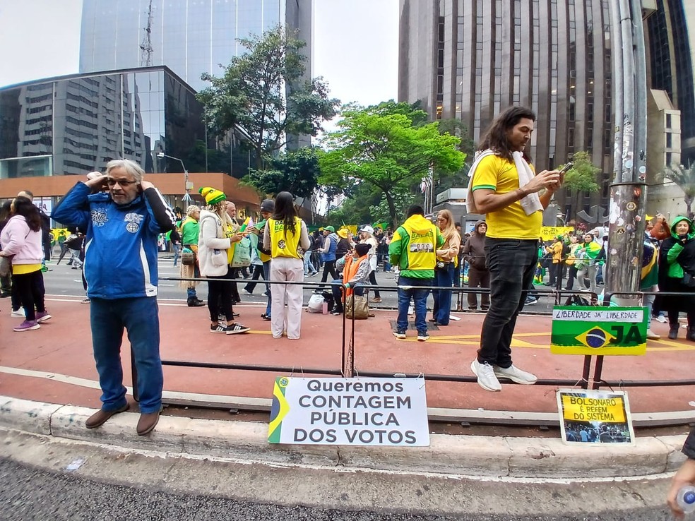Apoiadores de Flávio Bolsonaro pedem "contagem pública de votos" em ato na Avenida Paulista — Foto: Gustavo Honório/g1