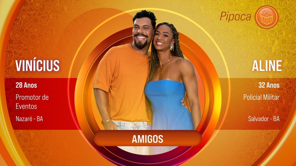 Vinícius e Aline, amigos baianos, são anunciados no elenco Pipoca do BBB25 — Foto: Divulgação