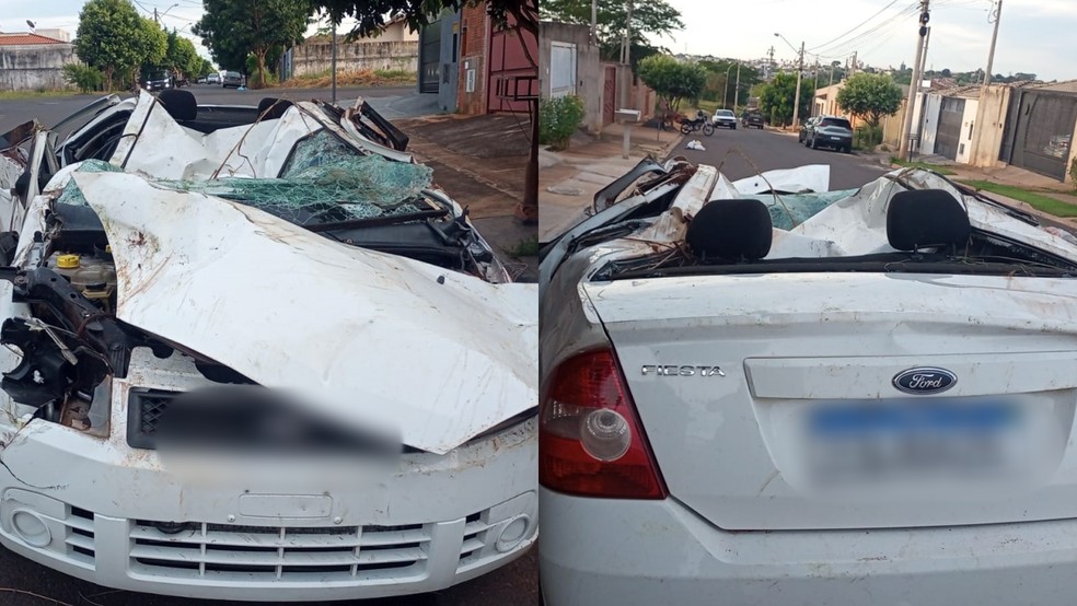 Parte da frente e traseira do carro do vigia da prefeitura de Jales (SP) que foi roubado e o ladro capotou  Foto: Arquivo pessoal