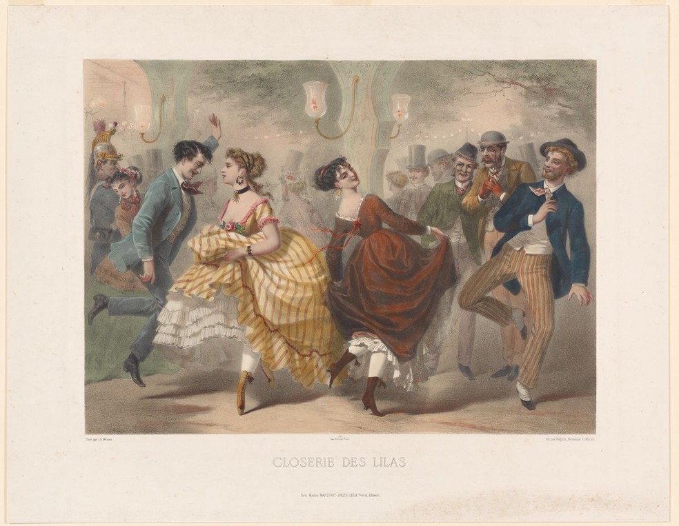 Influenciada pelas quadrilhas, o cancan é provavelmente a dança ilustrada por Charles Vernier em Paris, por volta de 1860 — Foto: Biblioteca Pública de Nova York/Coleção Digital