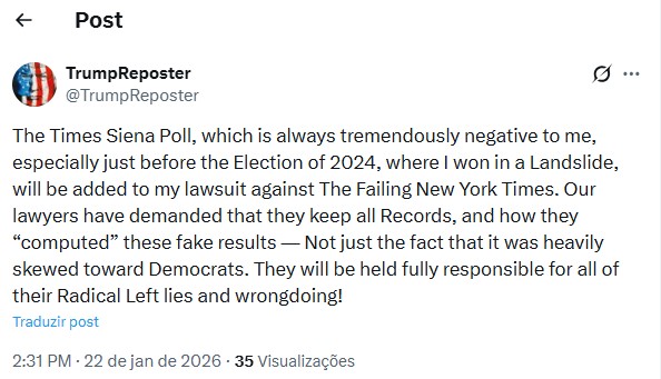 Trump questiona pesquisas de voto e de análise de governo realizadas pelo New York Times: 'precisam explicar os resultados'