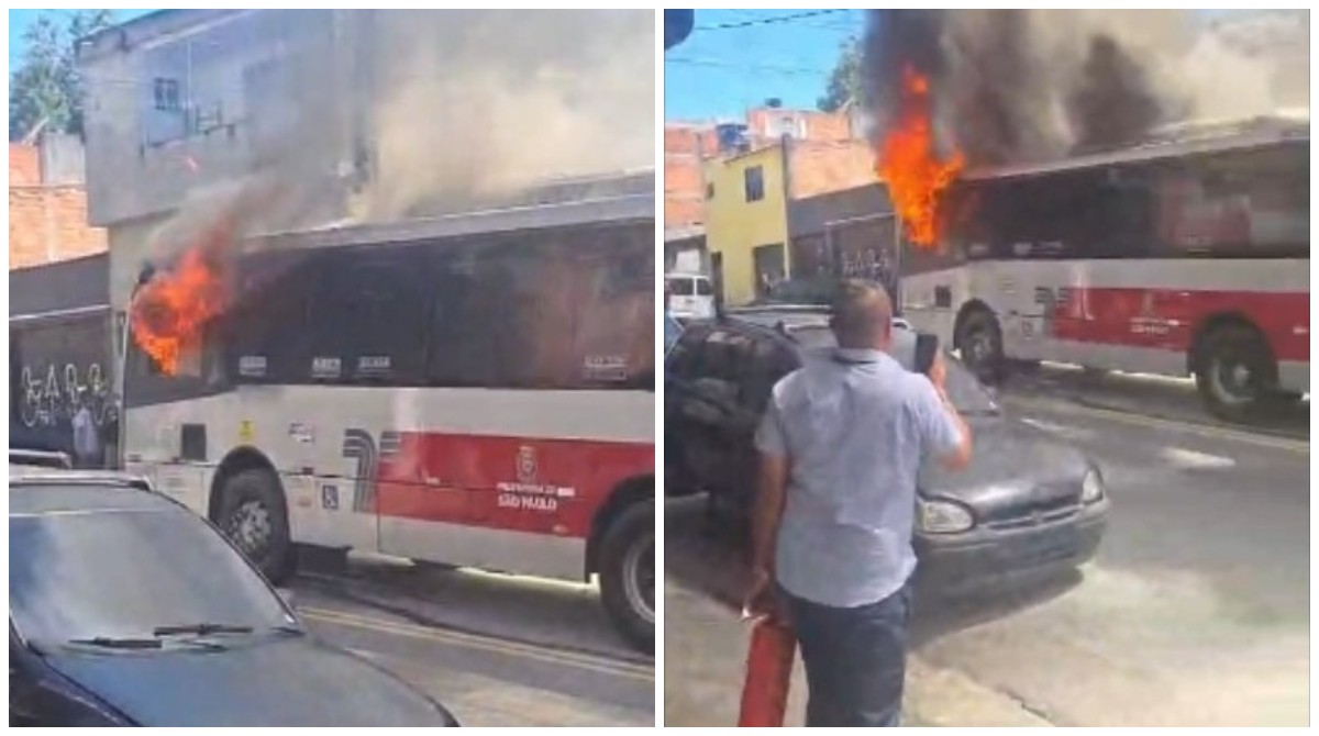 Ônibus pega fogo e forma uma coluna de fumaça em rua de Cidade Tiradentes, na Zona Leste de SP