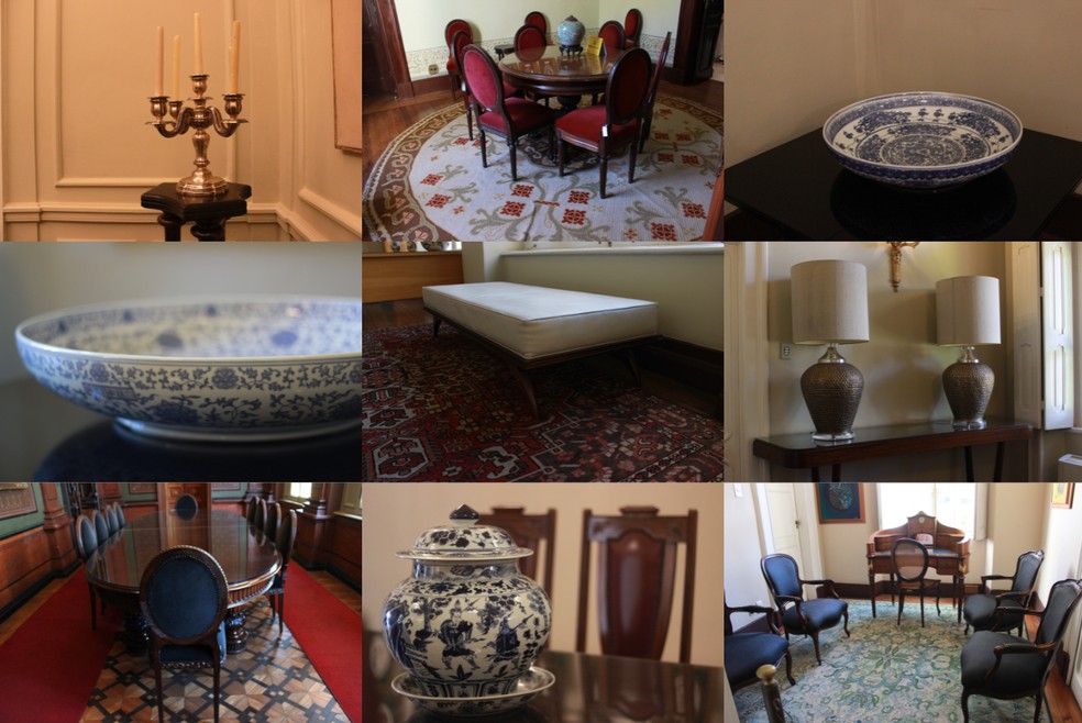 Montagem de fotografias com mobiliário e objetos do Palácio das Mangabeiras no Palácio das Artes. — Foto: Fernanda Torquato