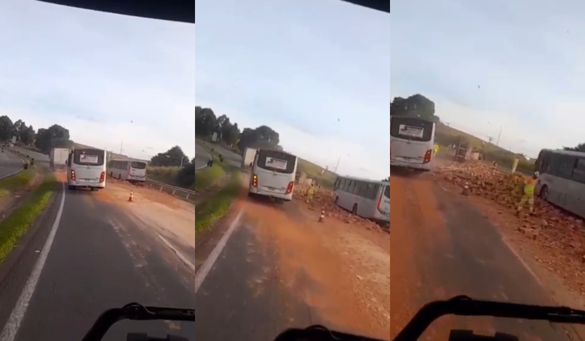 VÍDEO: Carga de tijolos fica espalhada em rodovia após carreta tombar em Itapetininga