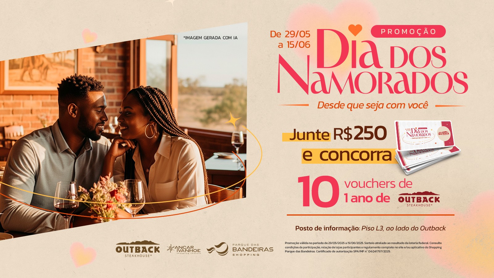 Shopping Parque das Bandeiras sorteia 1 ano de Outback no Dia dos Namorados.