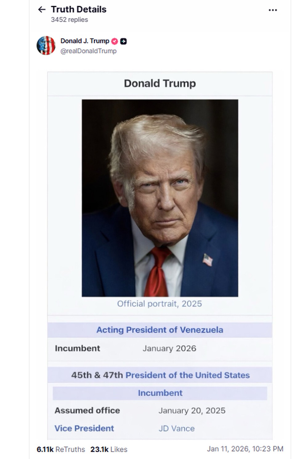 Trump compartilha meme que mostra sua página da Wikipédia editada com 'presidente interino da Venezuela' em 12 de janeiro de 2025. — Foto: Reprodução/Donald Trump no Truth Social