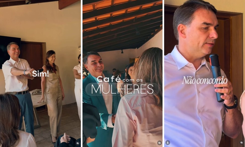 Montagem com trechos de vídeo divulgado por Flávio Bolsonaro em evento do PL Mulher na quarta-feira (1º). — Foto: Reprodução/Instagram/Flávio Bolsonaro