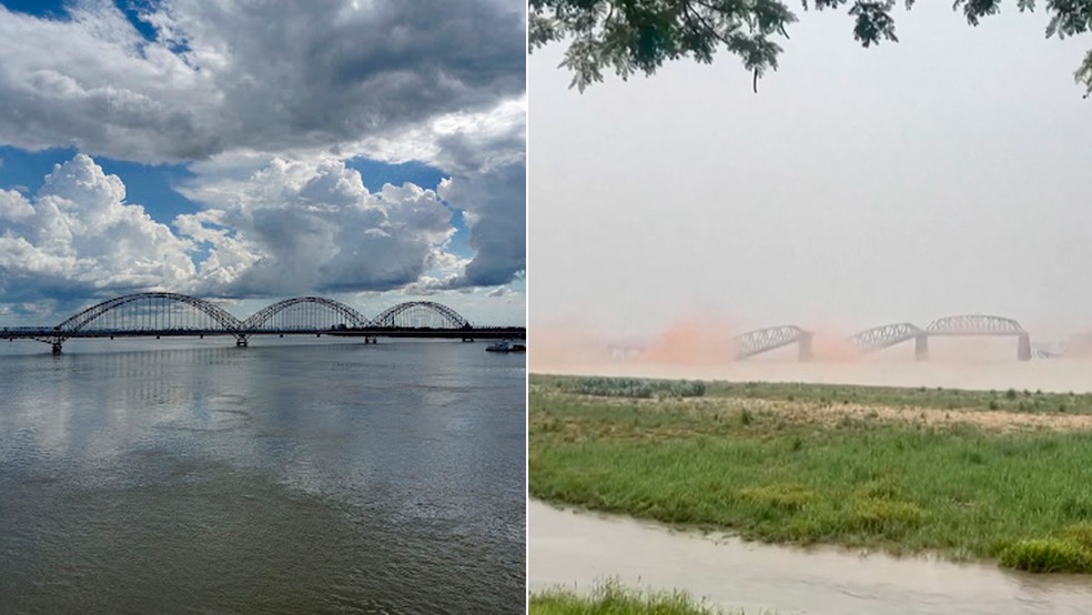 Antes e depois da Ava Bridge, uma das pontes que desabou em Mianmar por causa do terremoto — Foto: REUTERS