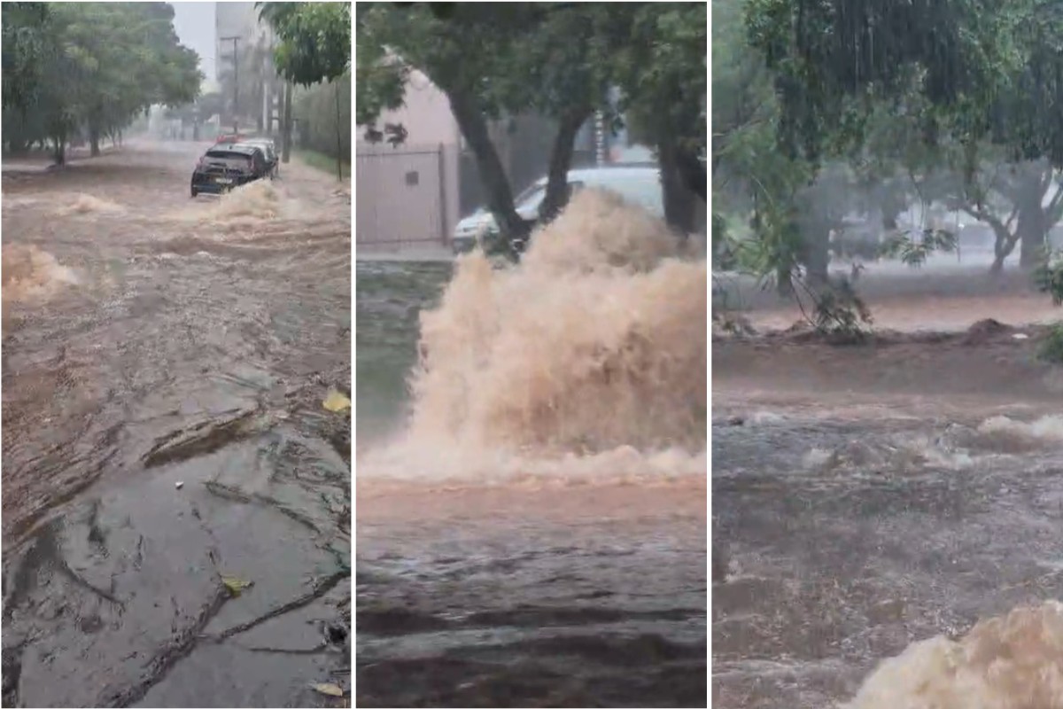 Chuva forte alaga Parque do Povo, arrasta veículos e arranca asfalto de via em Presidente Prudente