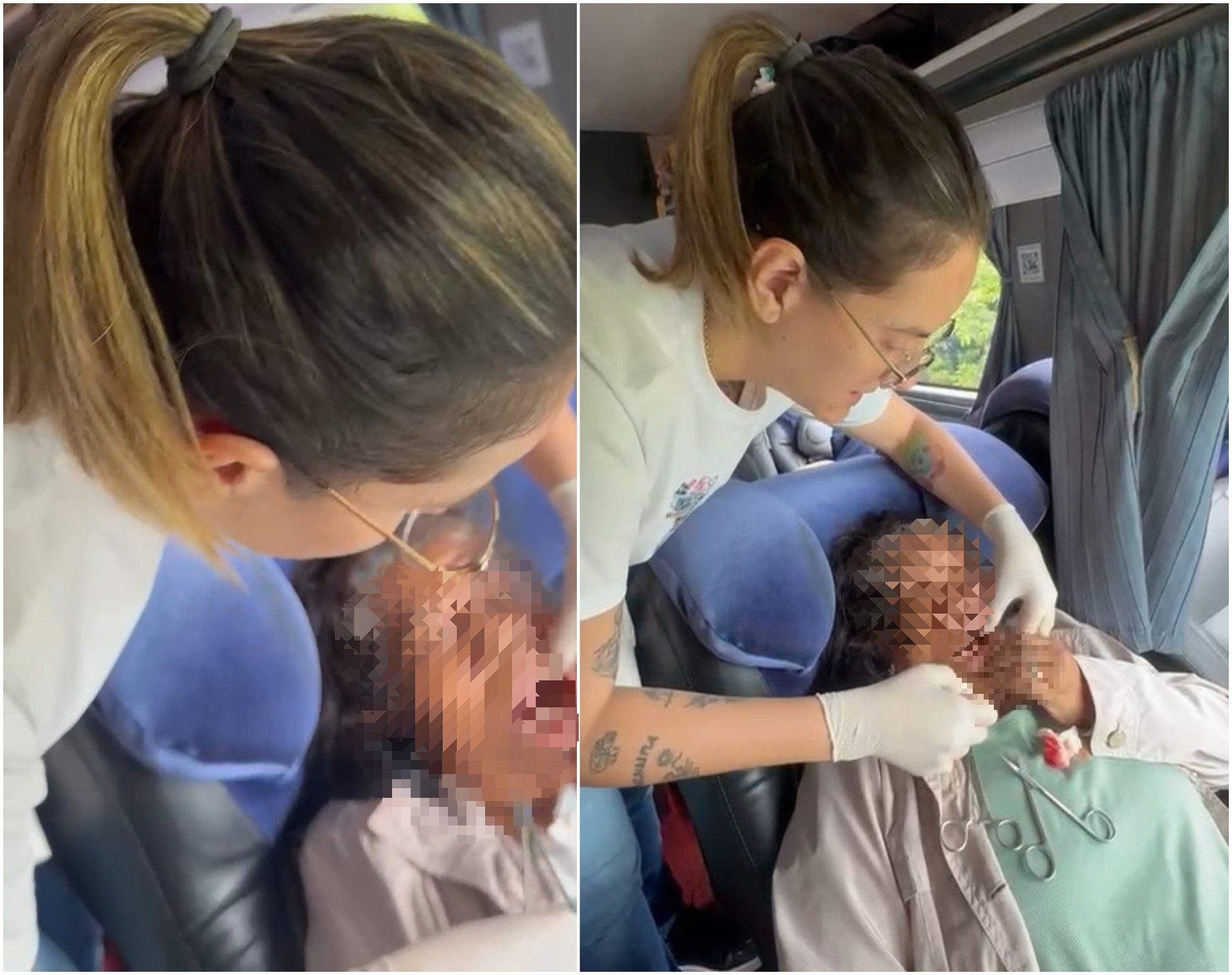 Dentista improvisa atendimento a idosa dentro de ônibus em rodovia bloqueada por acidente no AM