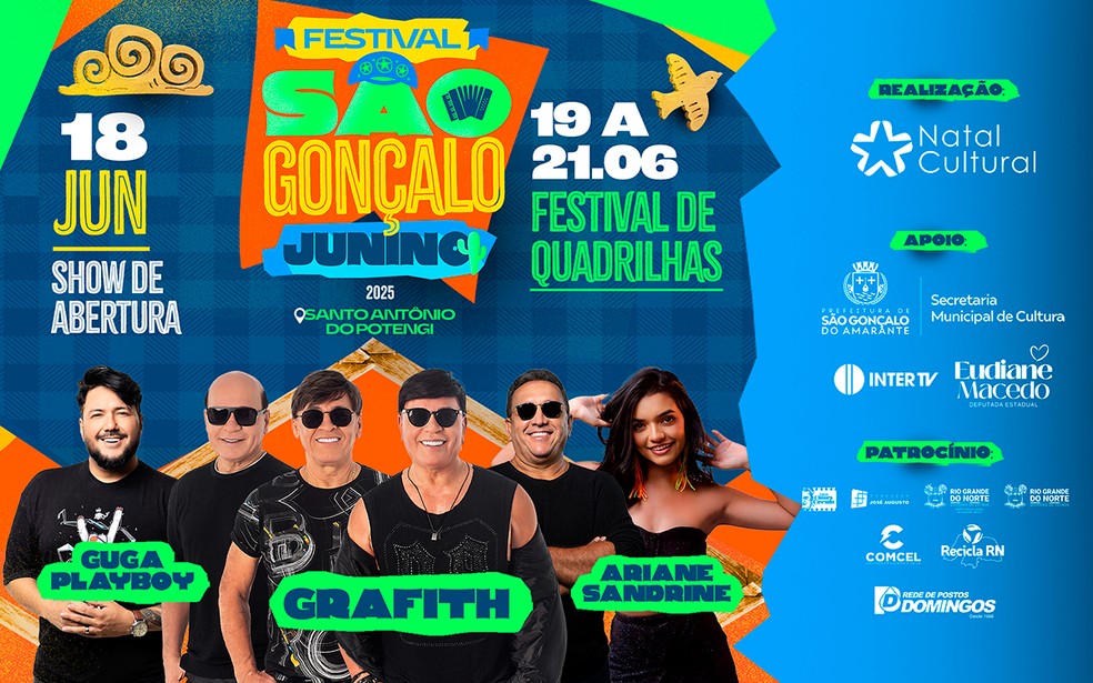 Festival São Gonçalo Junino 2025 terá show de abertura em 18 de junho e festival de quadrilhas de 19 a 21 no ginásio de Santo Antônio do Potengi. — Foto: Divulgação/Prefeitura de São Gonçalo do Amarante