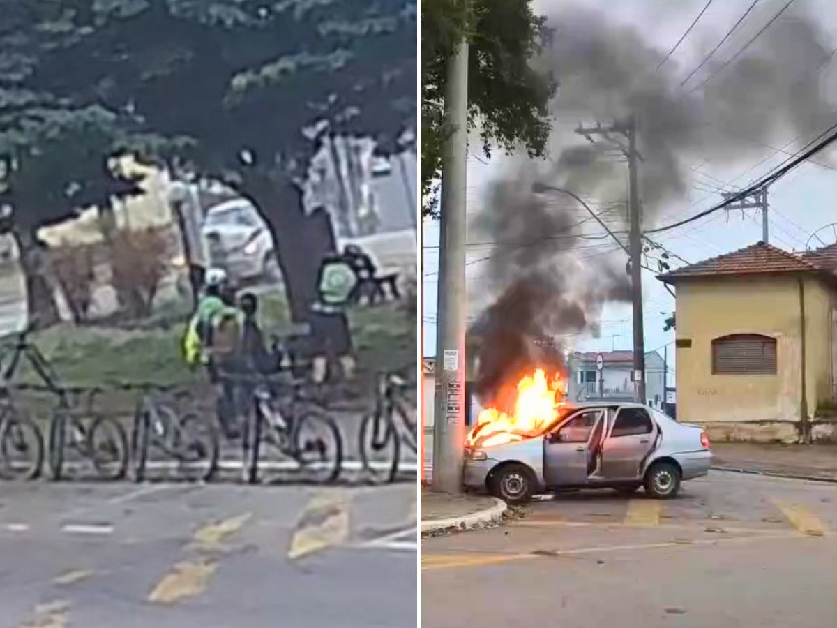 VÍDEO: carro pega fogo após bater em poste no interior de SP; dupla fica ferida
