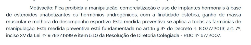 Publicação da Anvisa em que ficam proibidos implantes hormonais para fins estéticos — Foto: Reprodução/Diário Oficial da União