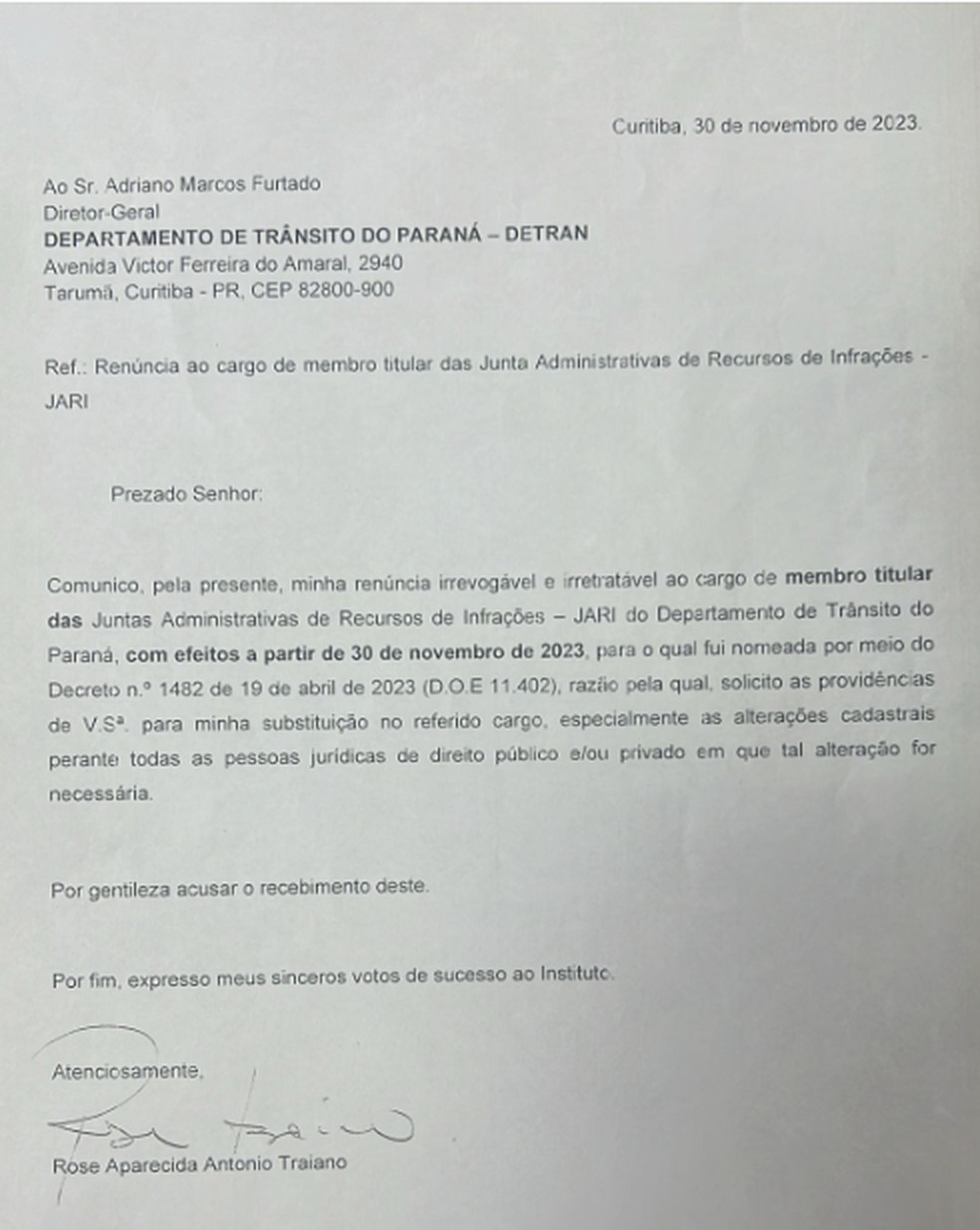 Pedido de exoneração de Rose Traiano do Detran — Foto: Reprodução/Assessoria Ademar Traiano