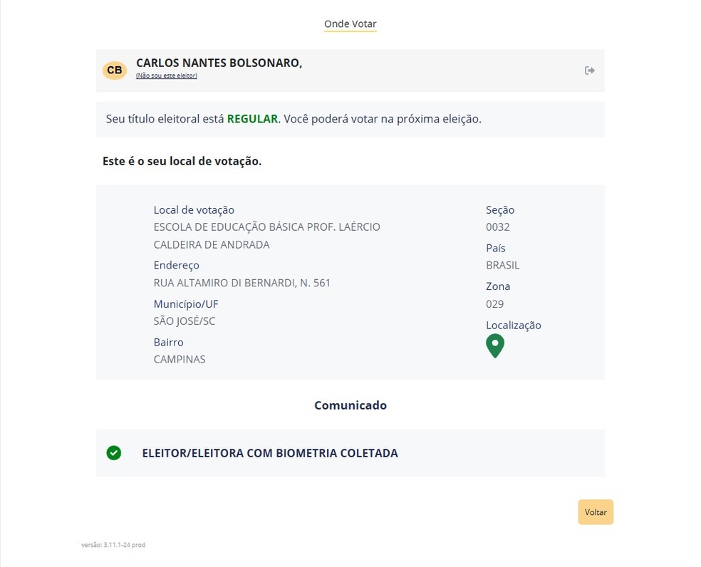 Carlos Bolsonaro muda domicílio eleitoral para SC para concorrer ao Senado pelo estado — Foto: Reprodução/TSE