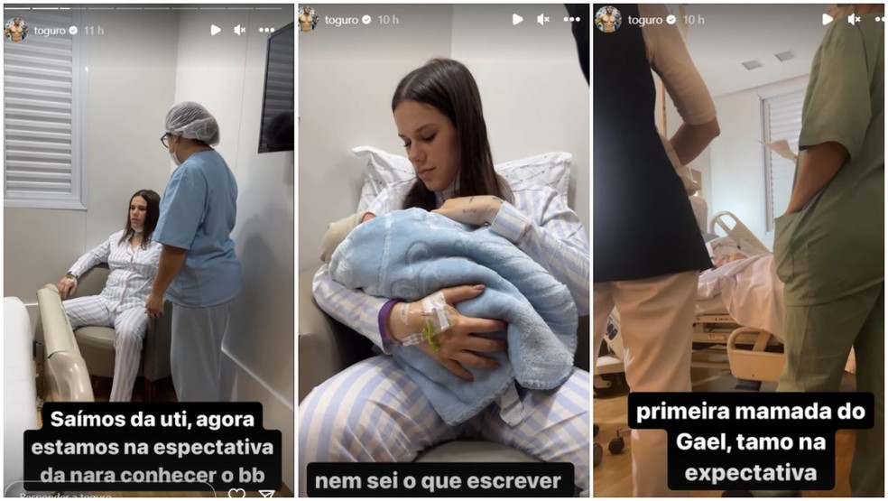 Postagens de Tiago Toguro sobre a alta da namorada da UTI e o reencontro com o filho Gael, dois dias depois do parto. — Foto: Reprodução/Instagram