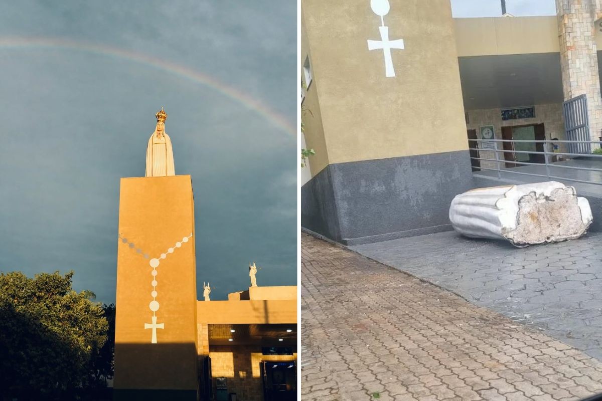 Imagem de Nossa Senhora cai de torre de 16 metros após ventos de 100 km/h e não quebra