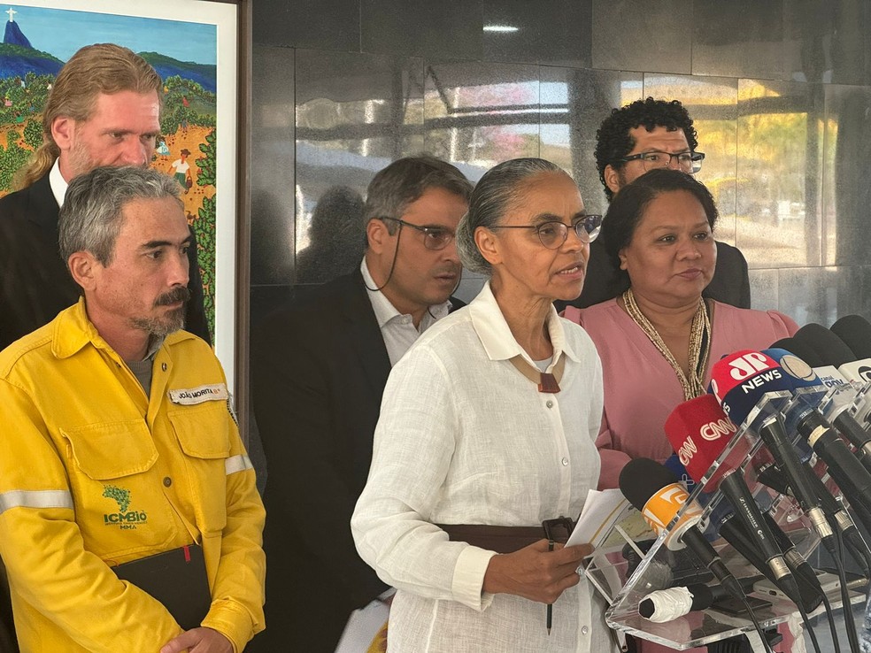 Marina Silva concede entrevista coletiva sobre incêndios no Pantanal. — Foto: Guilherme Mazui/g1