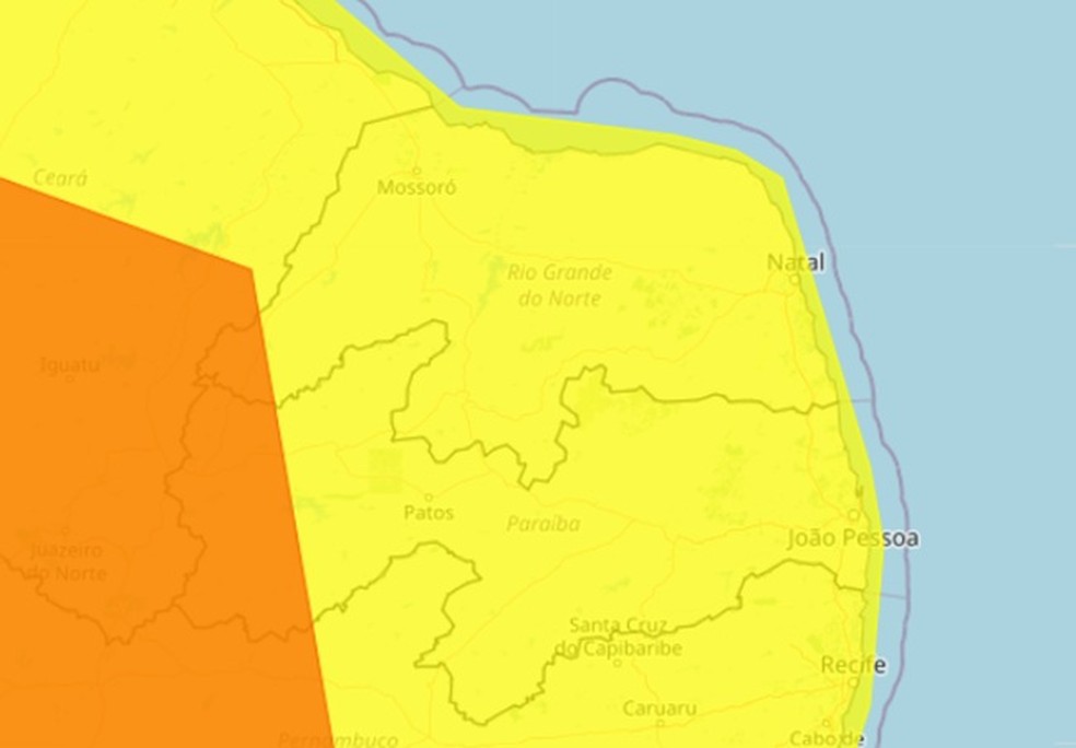 Alertas de perigo e perigo potencial de chuvas intensas abrangem todas as regiões do Rio Grande do Norte — Foto: Reprodução