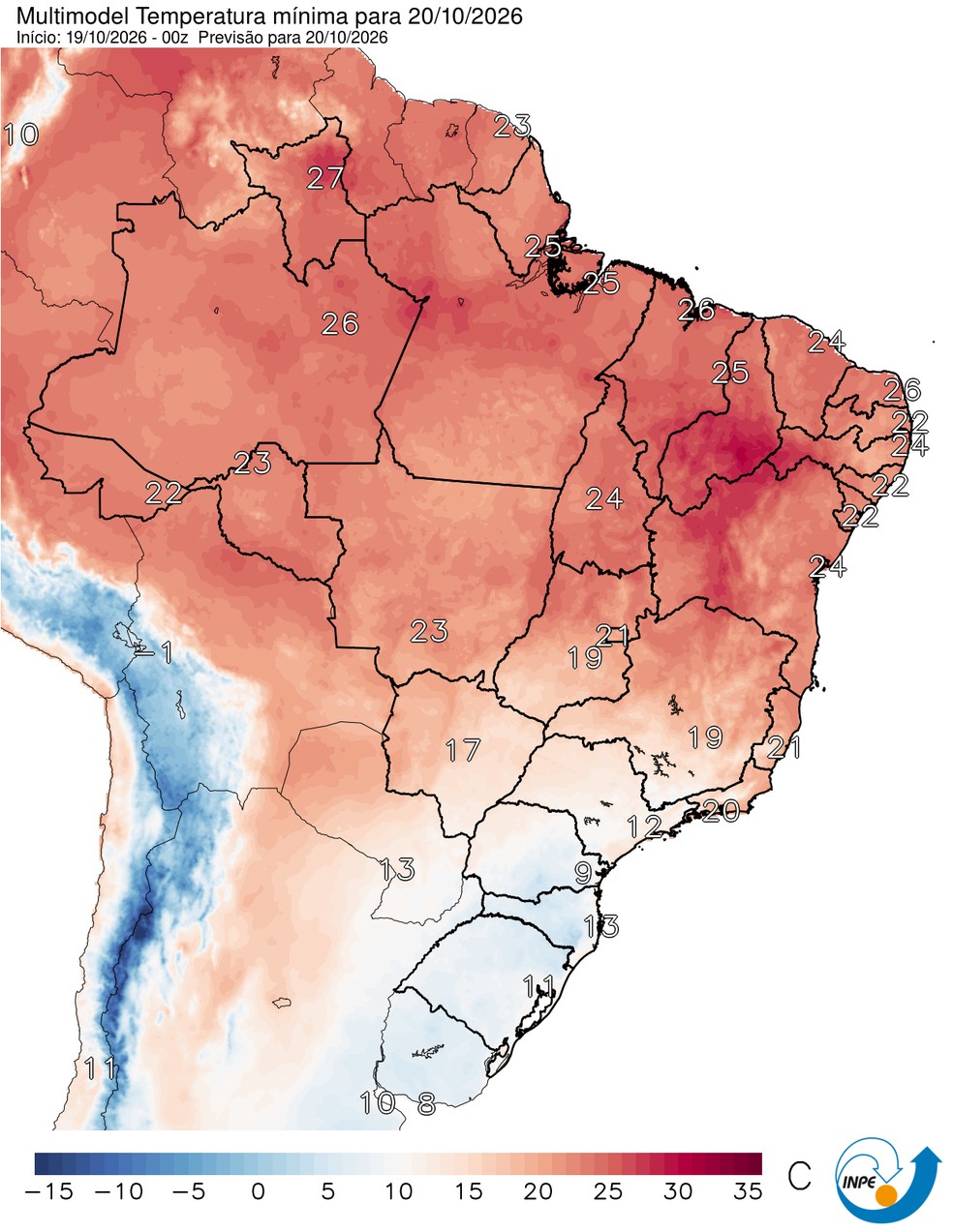 Temperaturas mínimas previstas para esta segunda (19/10) em todo o Brasil. — Foto: CPTEC/Inpe