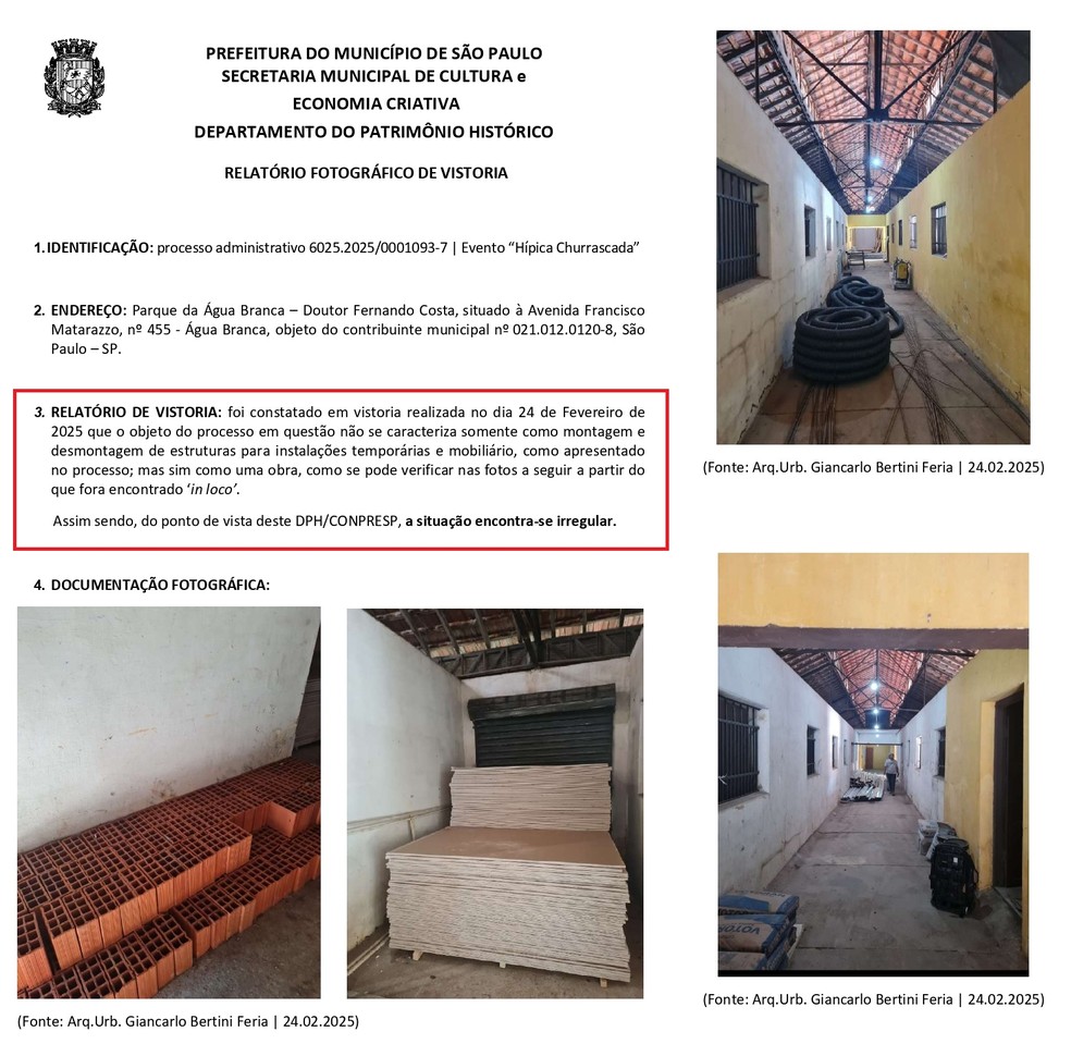 Relatório de fiscalização do DHP aponta obras fora do escopo do pedido feito pela churrascaria que vai ocupar o Parque da Água Branca, na Zona Oeste de São Paulo. — Foto: Reprodução