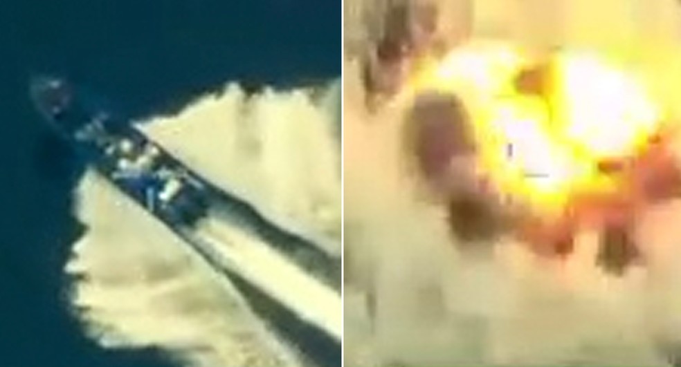 Explosão de barco em ataque dos EUA — Foto: Truth Social / Reprodução