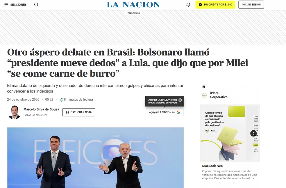 Como a imprensa internacional repercutiu o último debate entre Flávio e Lula — Foto: Reprodução/La Nación