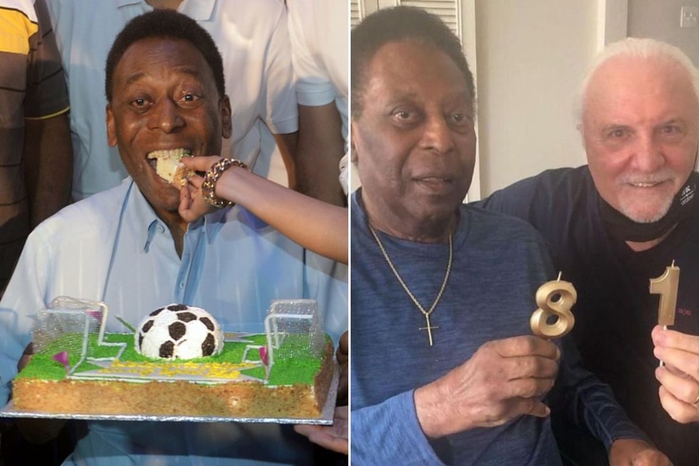 À esquerda, foto publicada por Pelé em 2021. À direita, Pepito e o ex-jogador no aniversário dele do mesmo ano. — Foto: Redes Sociais e Arquivo Pessoal