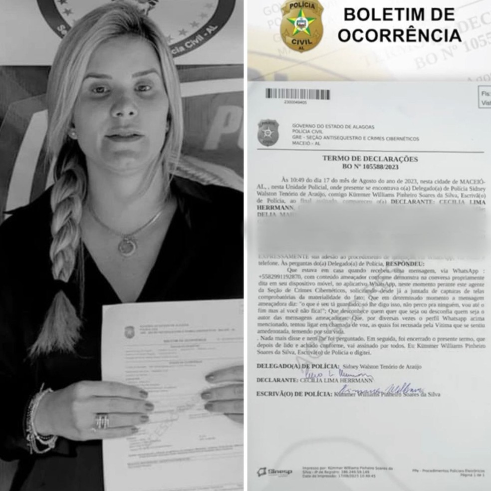 Prefeita Ceci, de Atalaia, postou foto do Boletim de Ocorrência por ameaças que registrou na Polícia Civil — Foto: Reprodução/Instagram
