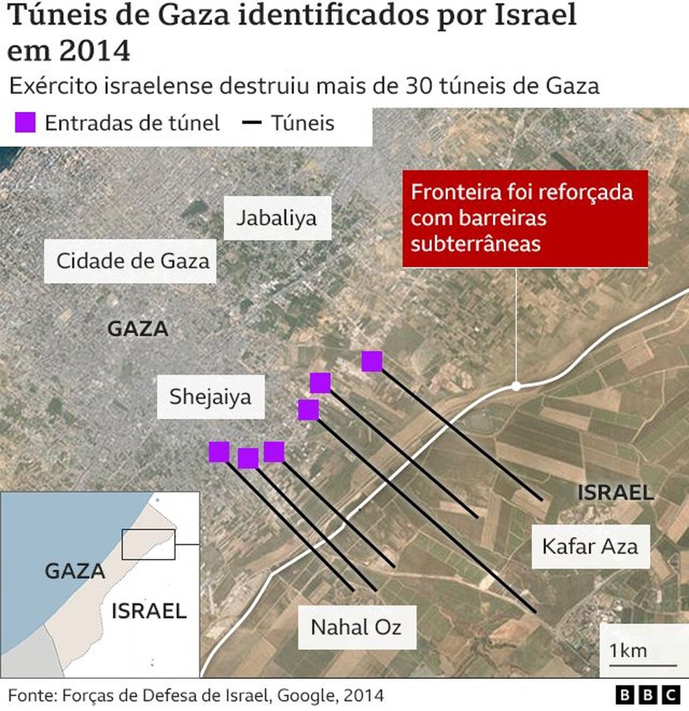 Túneis de Gaza identificados por Israel em 2014 — Foto: Forças de Defesa de Israel, Google