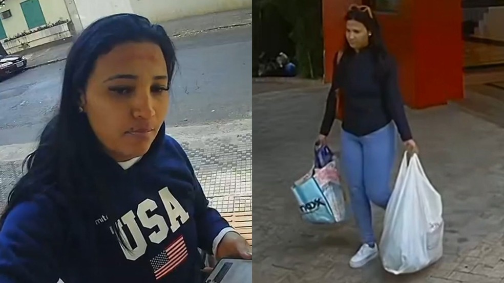 Câmeras de segurança mostram suspeita entrando e saindo de prédio após morte de idosos — Foto: Reprodução