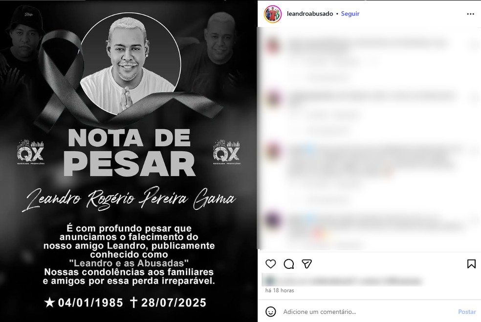 Nota de pesar foi publicada no perfil de Leandro — Foto: Reprodução/ Instagram