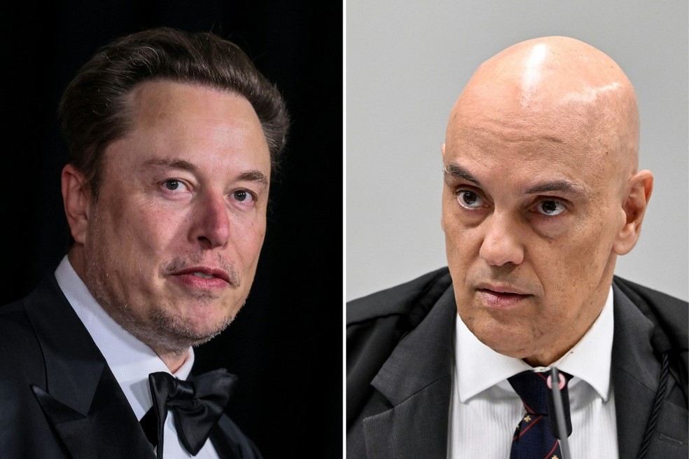Elon Musk e Aleandre de Moraes — Foto: EVARISTO SA, ETIENNE LAURENT / AFP
