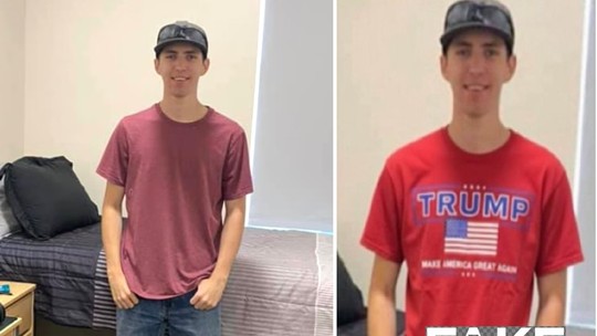 É #FAKE foto que mostra Tyler Robinson, acusado pela morte de Charlie Kirk, usando camiseta com nome de Trump e inscrição 'Maga' - Post viral manipula imagem real extraída do perfil do jovem no Facebook e reproduzida em veículos de imprensa americanos.