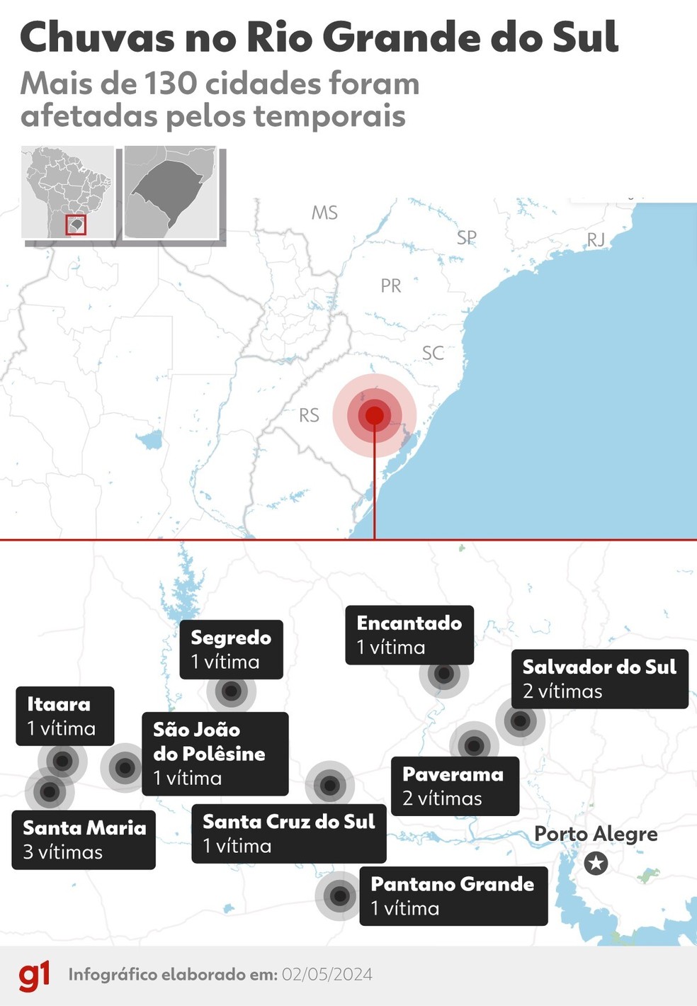 Mapa mostra cidades do RS que registraram mortes pelo temporal — Foto: Arte/g1