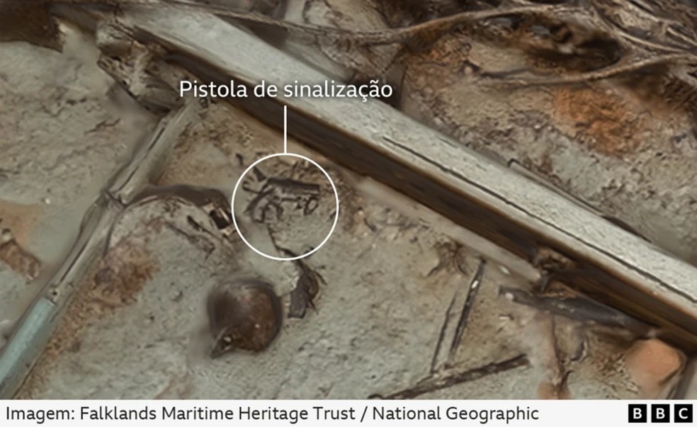 Pistola de sinalização mencionada nos diários que a tripulação do Endurance mantinha — Foto: Falklands Maritime Heritage Trust / National Geographic