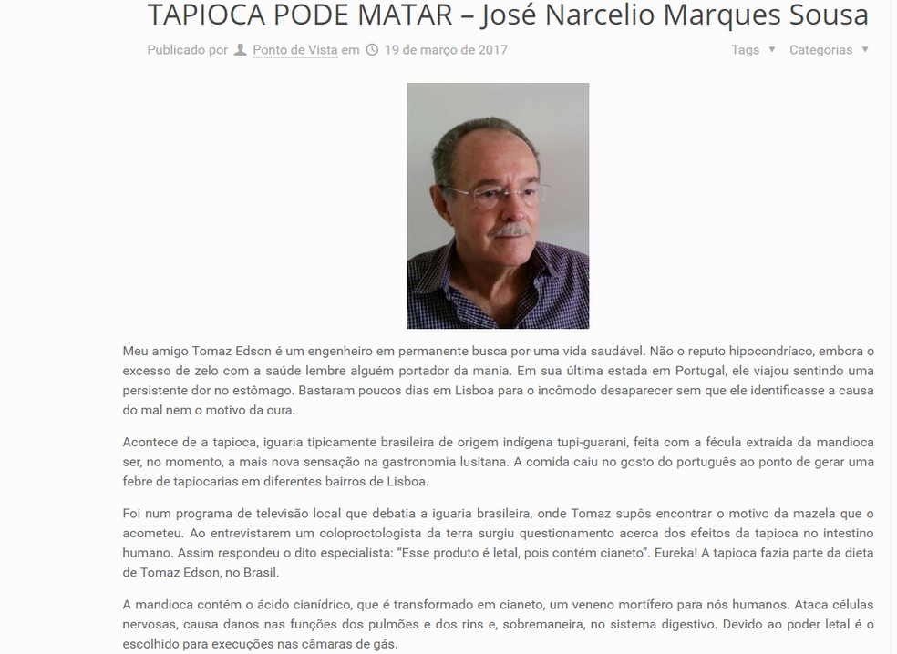 É #FAKE texto que diz que tapioca pode matar | G1