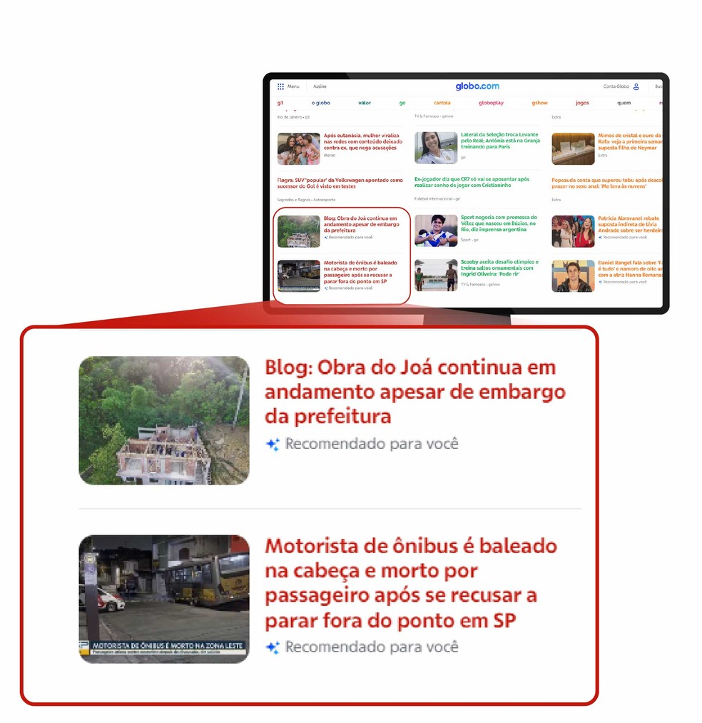 Conteúdo recomendado oferecido nas colunas da capa da globo.com — Foto: Juan Silva/g1