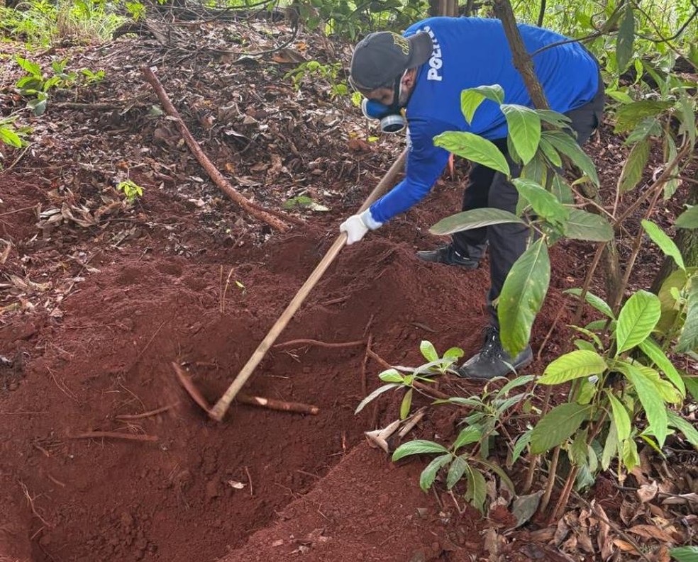 Corpo foi encontrado enterrado em uma região de mata, em Alto Taquari (MT) — Foto: PJC-MT