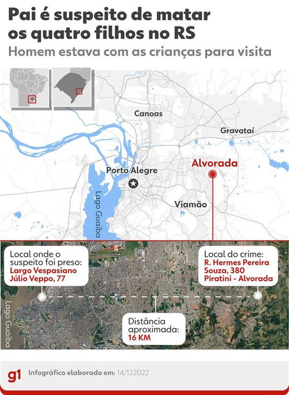 Mapa mostra o local onde o crime ocorreu e onde o suspeito foi preso — Foto: Arte/g1