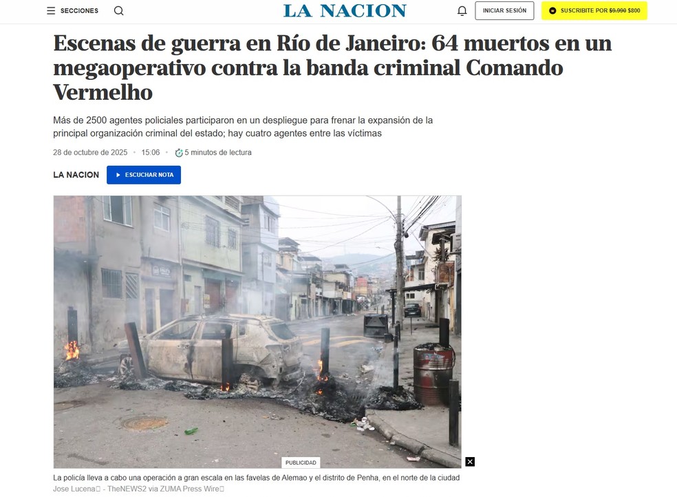 La Nación repercute megaoperação no Rio — Foto: Reprodução