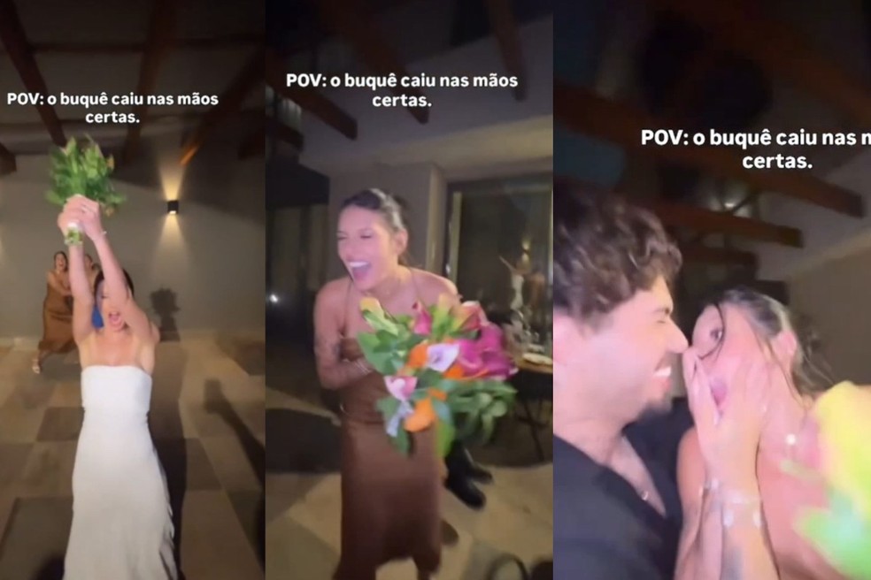 Ana Castela e Zé Felipe comemoram conquista do buquê da noiva em festa de casamento. — Foto: Reprodução/Redes Sociais