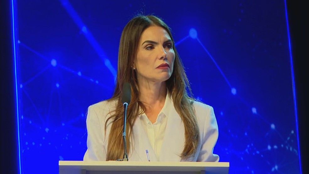 Candidata ao governo do DF, Paula Belmonte (PSDB) participa de primeiro debate — Foto: TV Globo/Reprodução