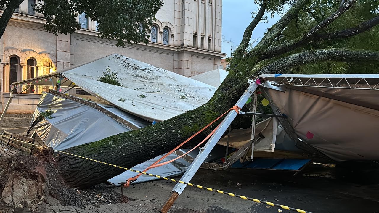 Árvore de grande porte cai durante chuvas e danifica tendas montadas para festas na Praça José Bonifácio em Piracicaba 