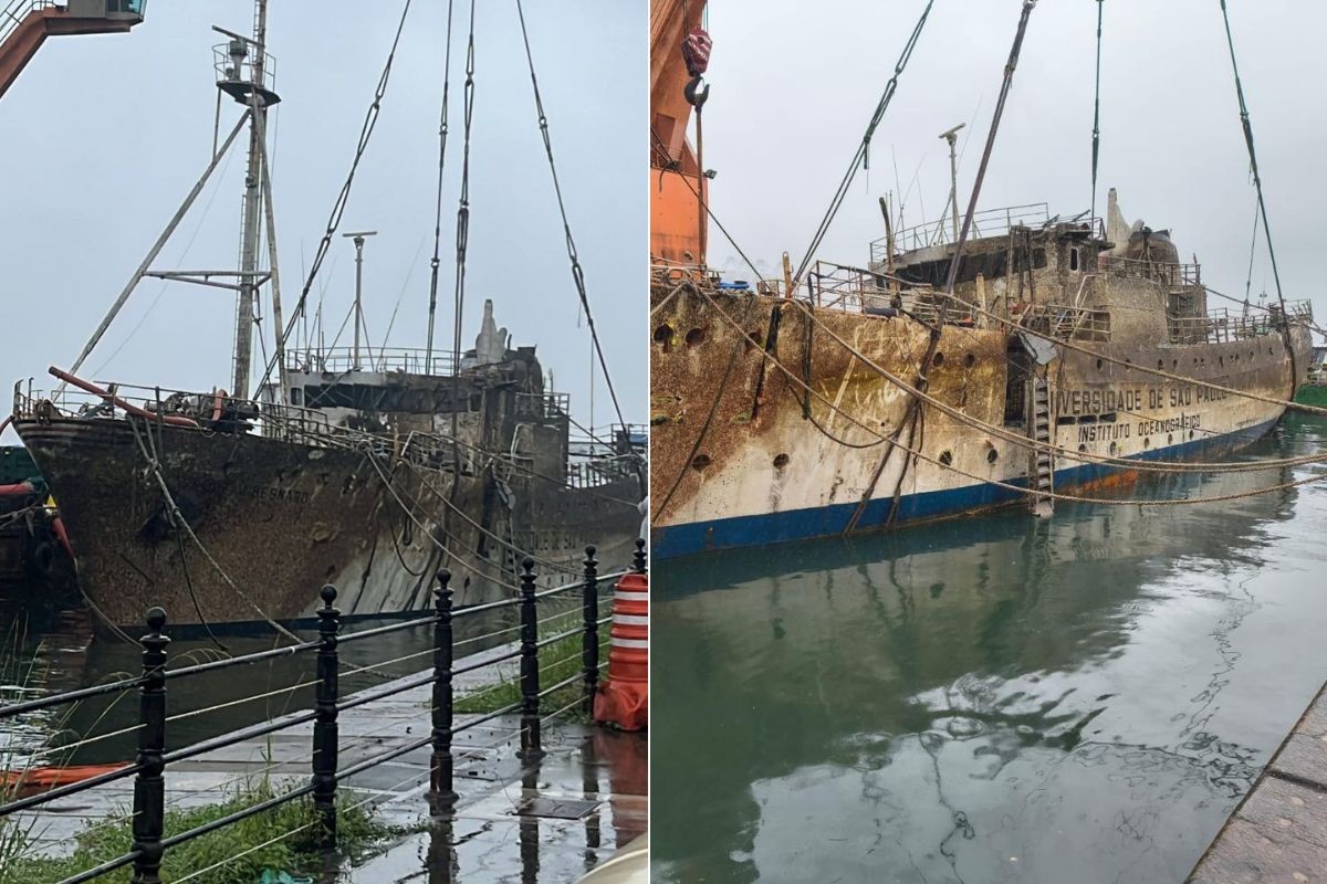 Navio histórico que afundou no Porto de Santos é reflutuado; veja como ficou 