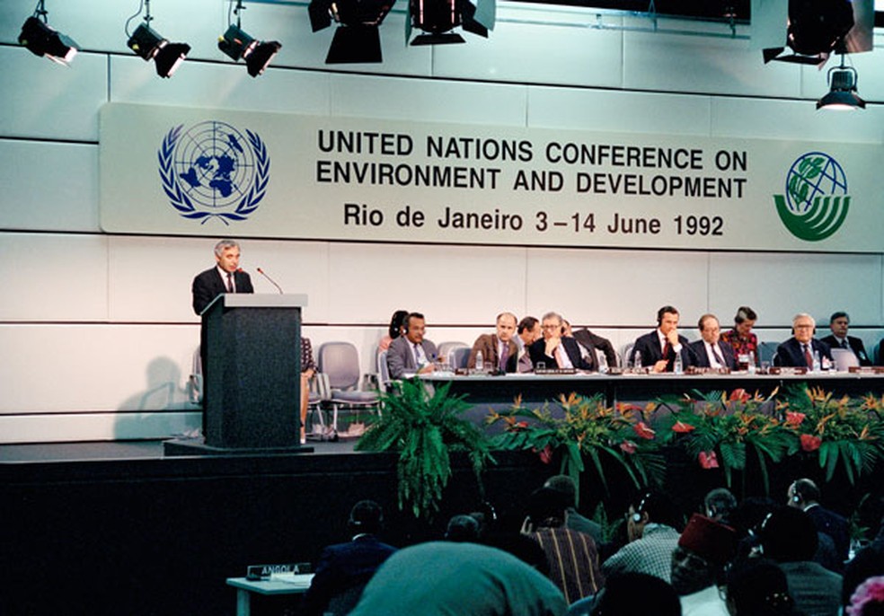 Um registro da Conferência das Nações Unidas sobre Meio Ambiente e Desenvolvimento, a Rio-92. — Foto: Wikimedia/Domínio Público