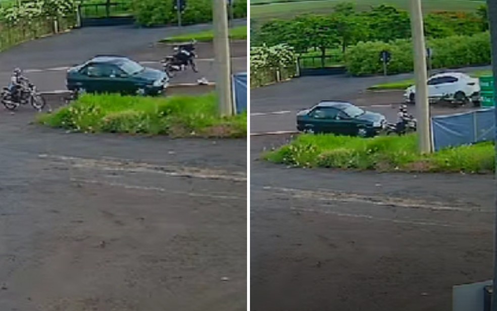 Motociclista perdeu controle de veículo após carro da frente frear bruscamente e morreu atropelado por veículo em Sales Oliveira, SP — Foto: Câmera de segurança
